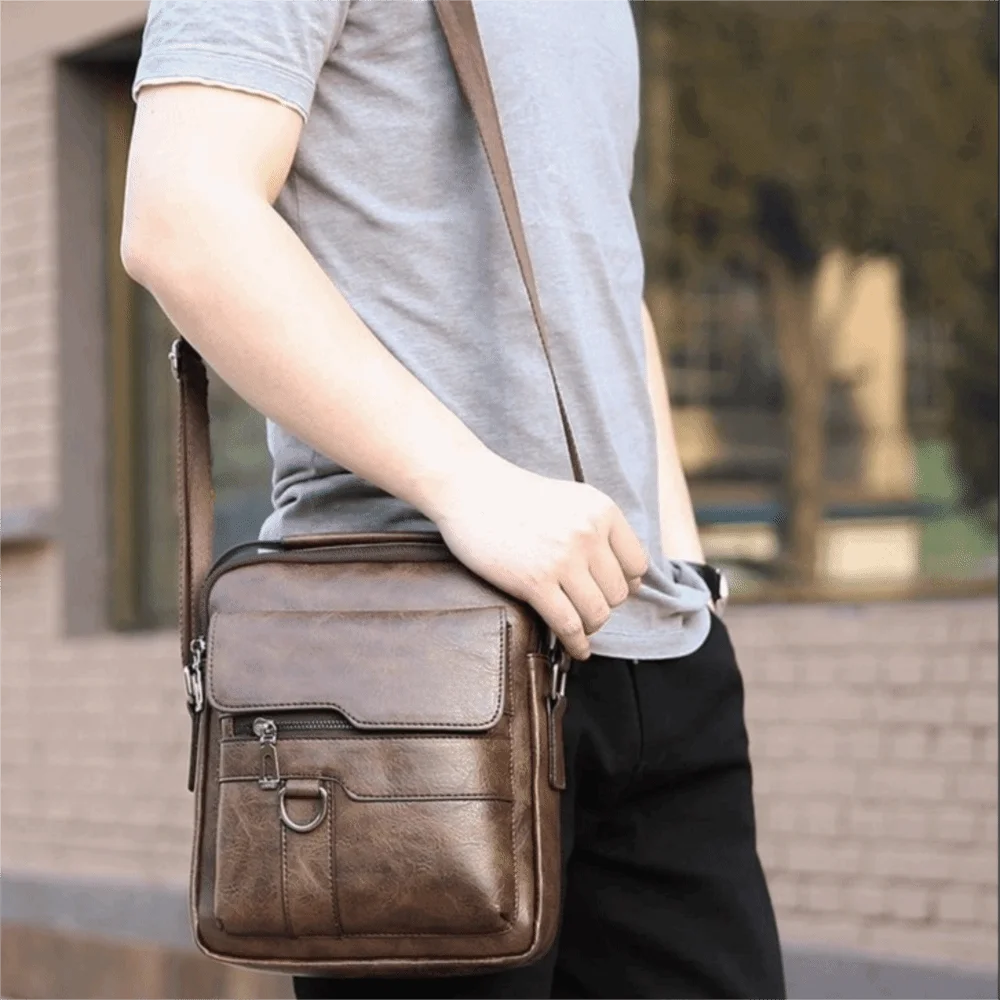 

Fashion PU Leather Men Crossbody Bag Vintage Waterproof Shoulder Bag Large Capacity Business Messenger Bag Office