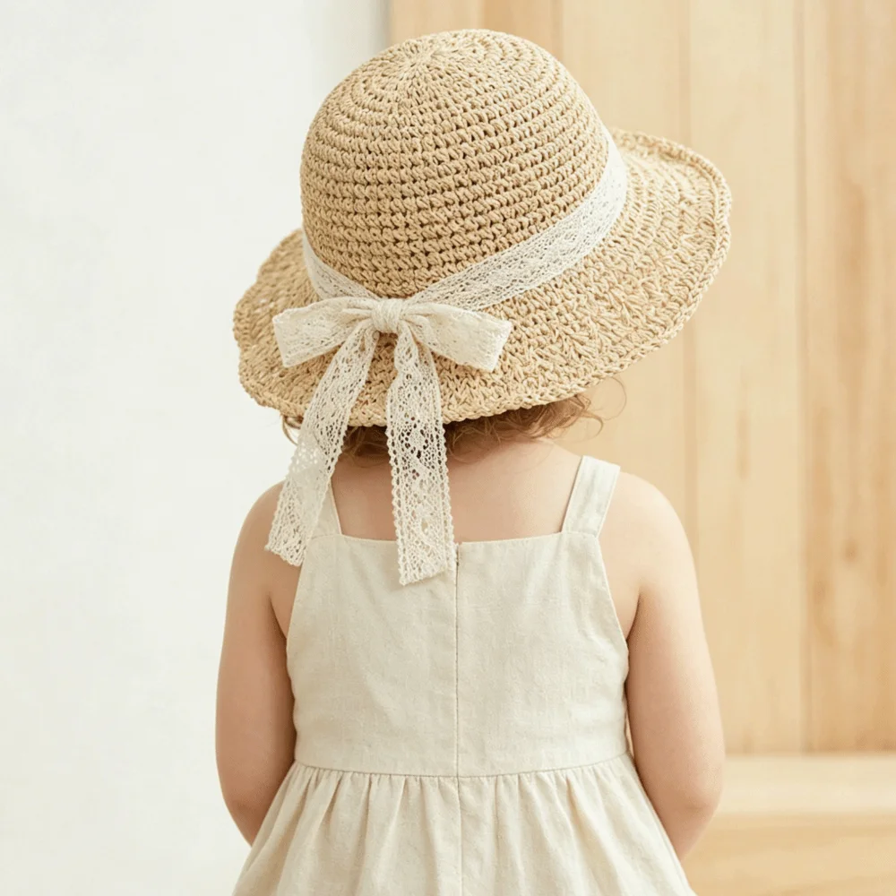 

Детская панама-шляпа из соломки с кружевной отделкой, складная, с оборками, для защиты от солнца, летняя