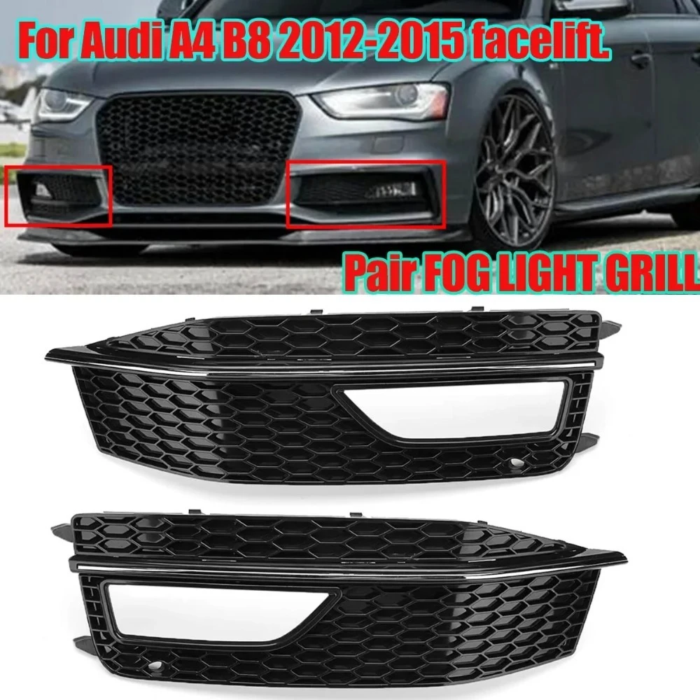 Pair Black/Chrome Front Bumper Lower Fog Light Grill Grille 8K0807681P 8K0807682PFor Audi A4 B8 S-Line S4 2012 2013 2014 2015