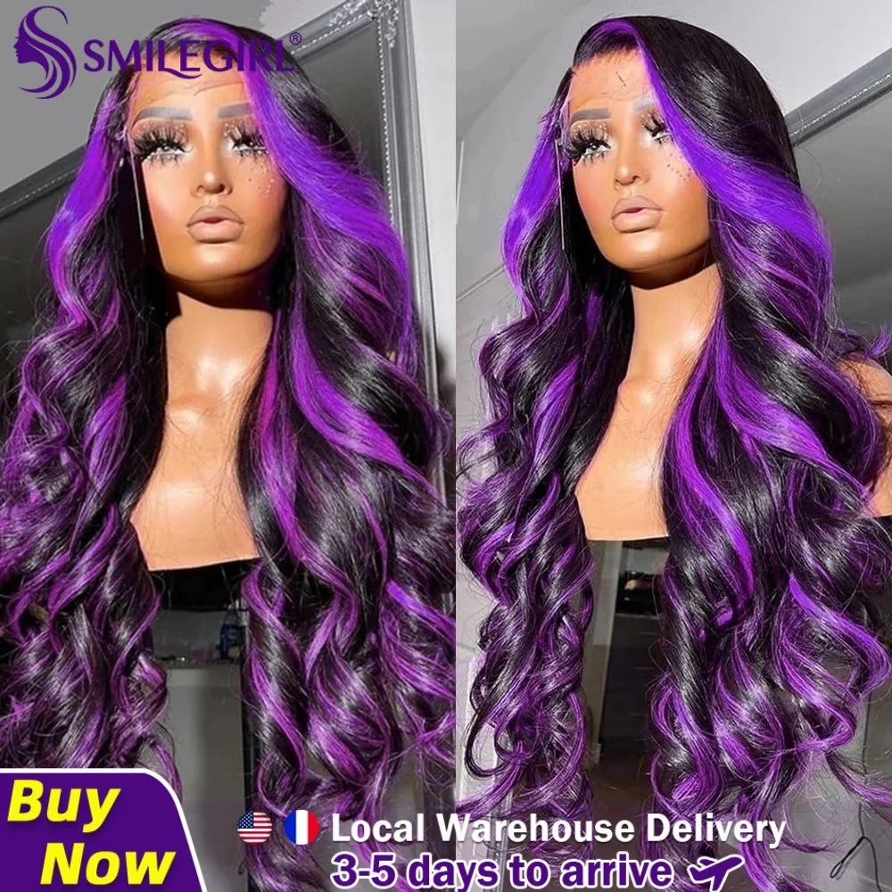 Smilegirl Highlight Lace Front Wig 13x6 Human Hair Pre-plucked Hairline Brazilian HD Human Hair Wigs 13X4 1B/Purple Curly Wavy Ombre Colored Wigs
