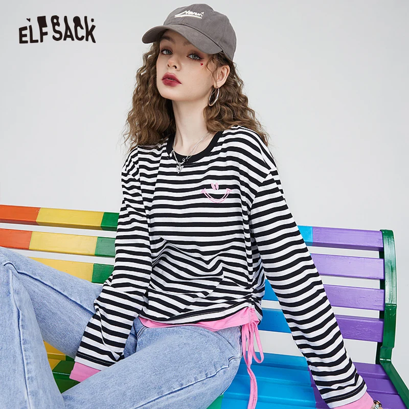 

ELFSACK Striped Pullover T-Shirts Woman 2023 Summer/Autumn Black White Stripe Knitwears T-Shirts