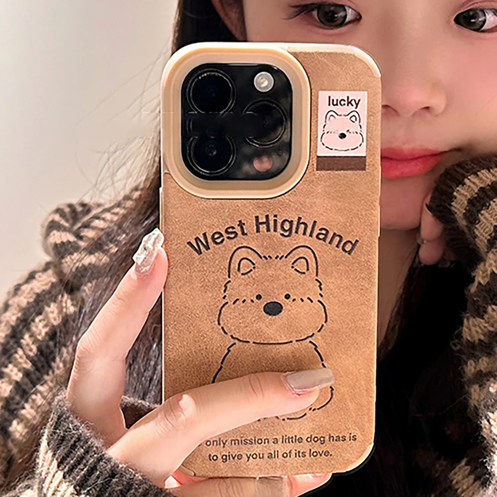 Autumn Winter Cute Plush West Highland puppy Chamois Phone Case For iPhone 16 15 14 13 11 12 Pro Max Lovely Cartoon Dog Cover