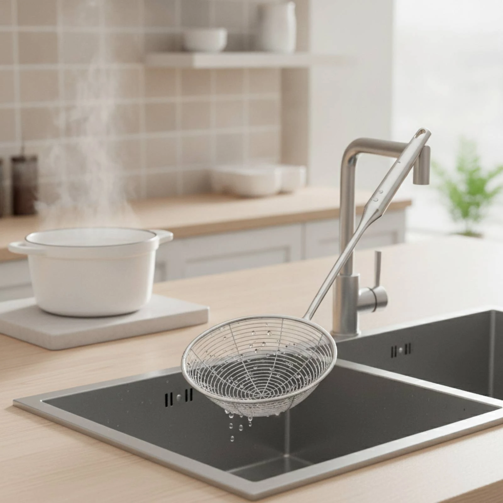 Strainer Strainer Food Grade Wire Mesh Strainer Fryer Scoop Dishwasher Safe Colander Rustproof for Home Cooks, Boiling