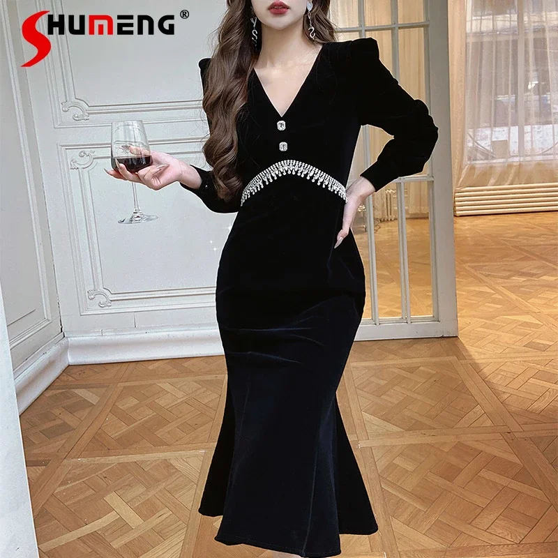

New Black Elegant Slim Fit V-neck Rhinestone Velvet Dress Women's Spring French Dress Long Sleeved Vestidos Elegantes De Mujer