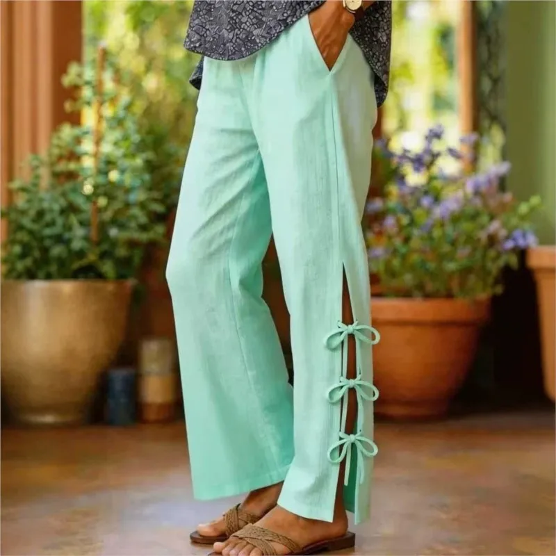 Casual Street Pants Side Tie Bow Elastic High Waist Wide Leg Pants 2026 Spring Summer Solid Color Long Wide Leg Trousers Y2k
