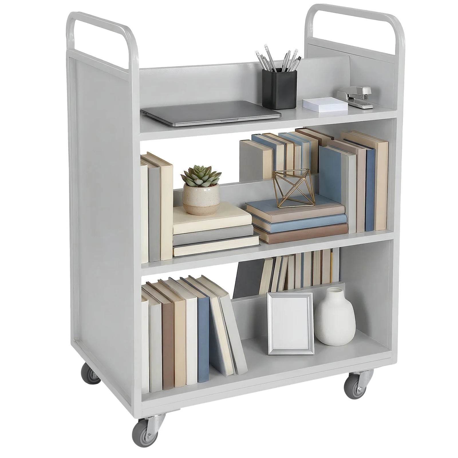 

Rolling Book Cart Slanted Single Sided Archive Storage Cart with Swivel Lockable Casters for Library Office Archive Room