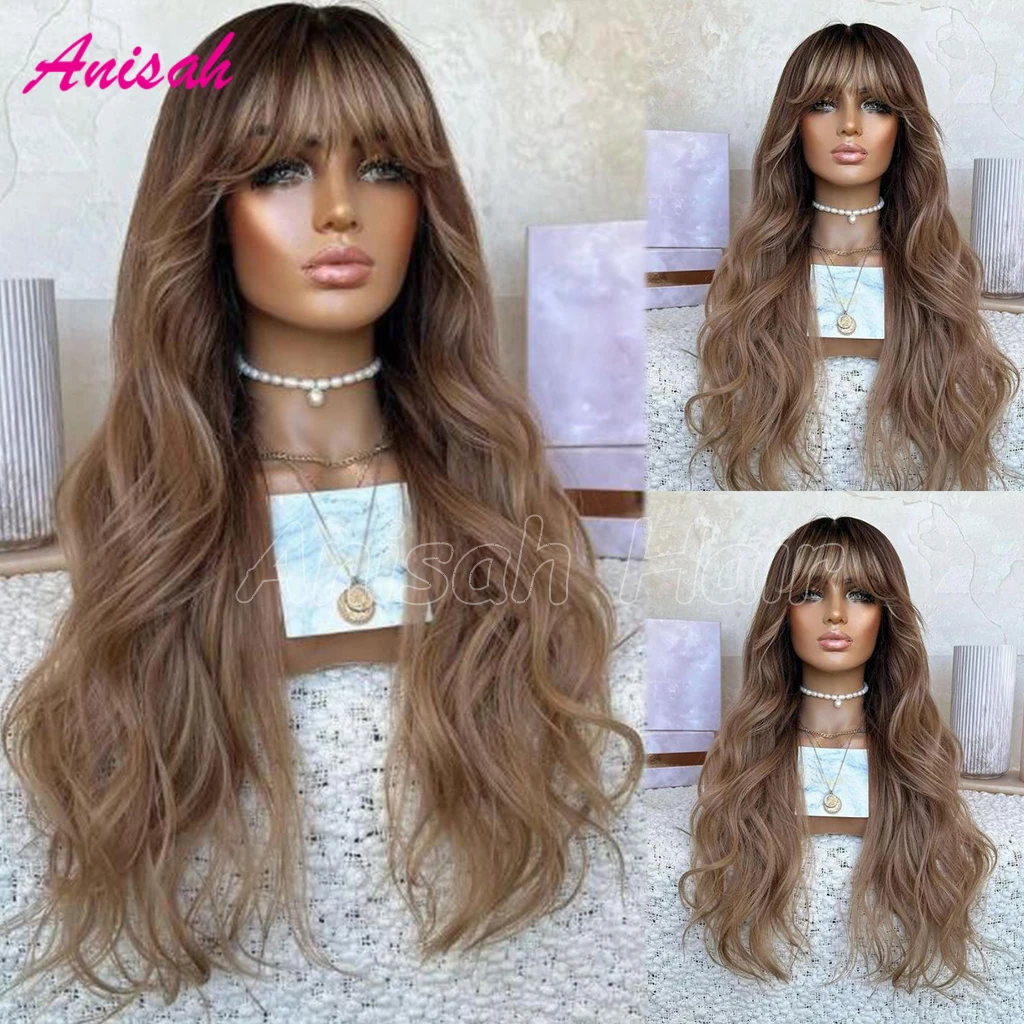 

Brazilian Wavy Highlight Ombre Colored Lace Frontal Closure Human Hair Wigs With Bangs Glueless 13X4 Lace Front Wig for Women