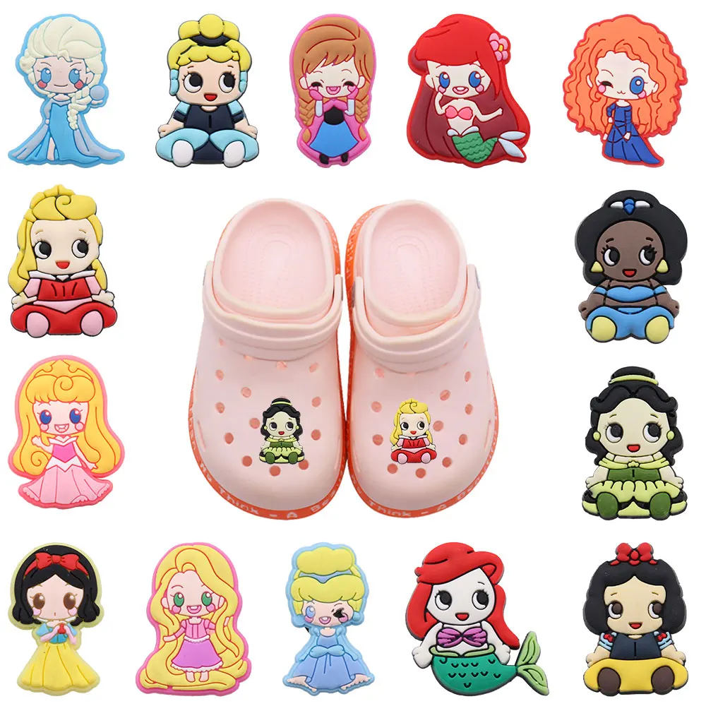 New Arrival 1pcs Shoe Charms Disney Princess Elsa Aurora Snow White Accessories PVC Shoes Buckle Fit Wristbands Birthday Present