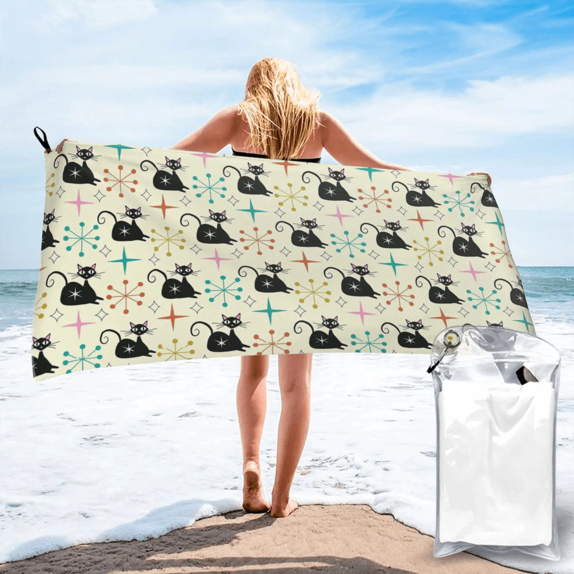 Mid Century Black Atomic Cat with Starbursts Beach Towel Soft Microfiber Quick Dry Absorbent Quick Towels For Pool