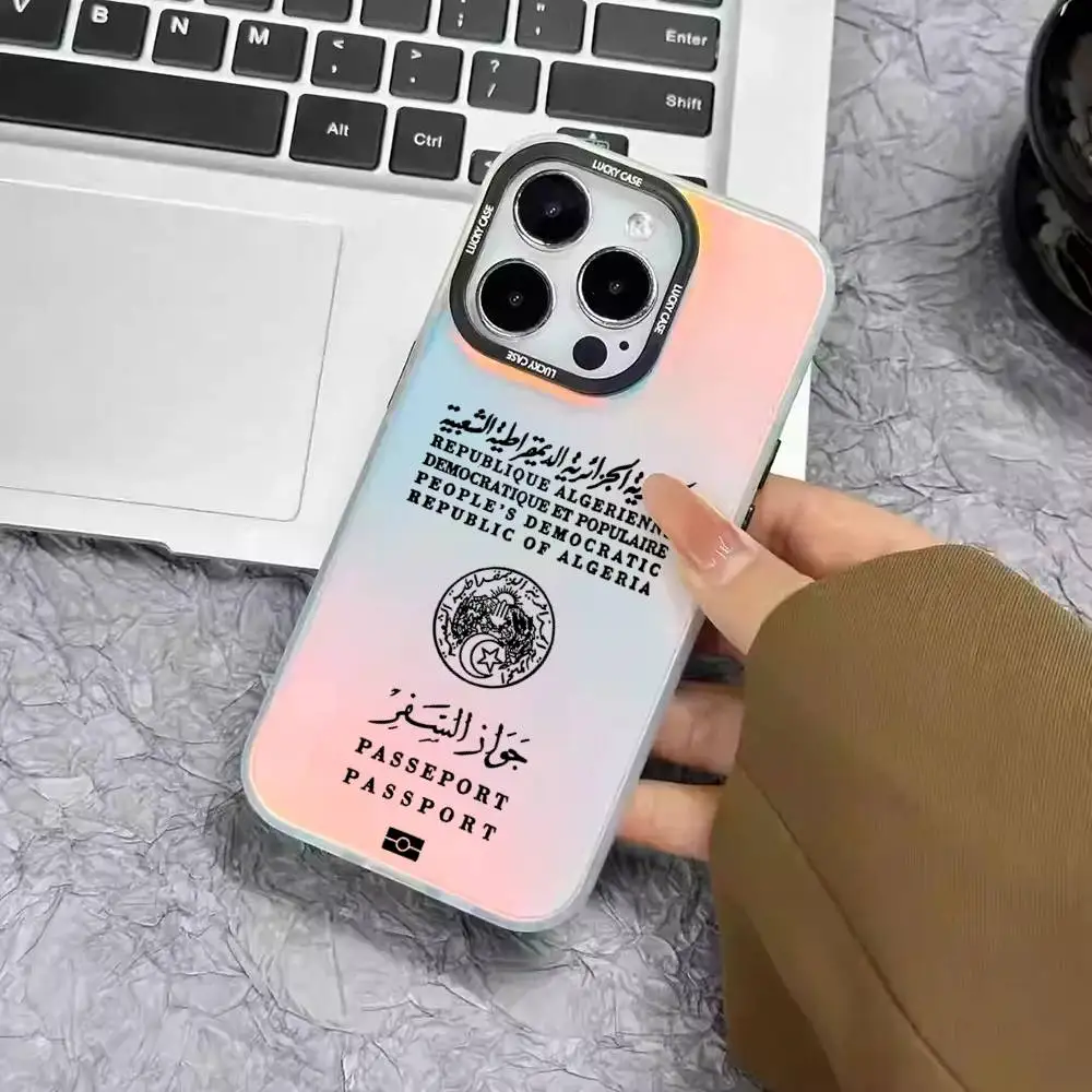 1 قطعة جواز السفر الجزائر جراب هاتف ليزر IMD اللون فضي شل آيفون 17 16 15 14 13 12 11 الهواء برو ماكس زائد