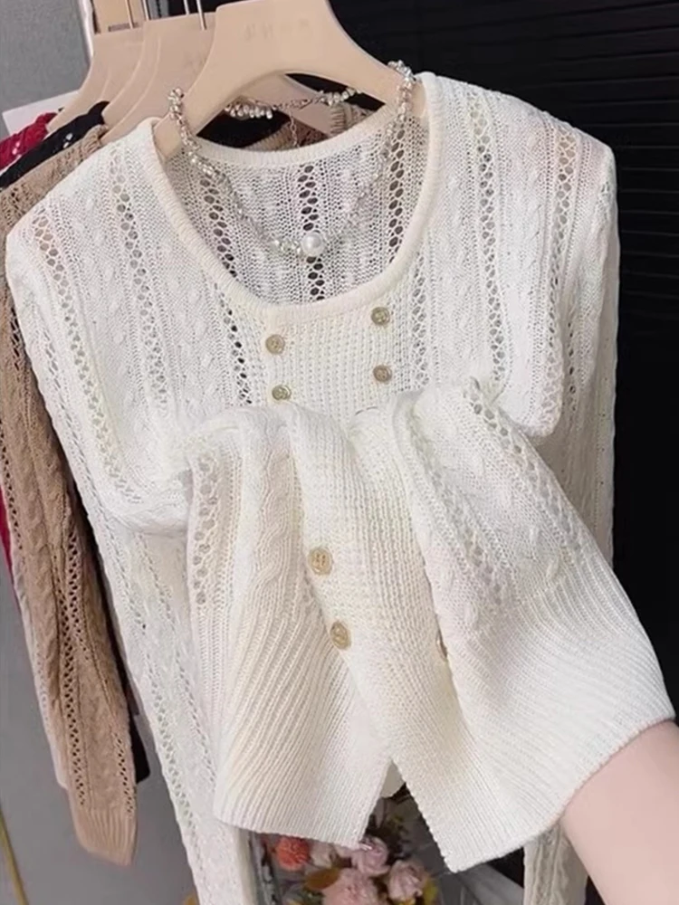 

Comfortable Long Sve Knitted Open Cardigan Women's Casual Sle Hook Flower Hollow out Slimming Base irt Soft Versatile Top