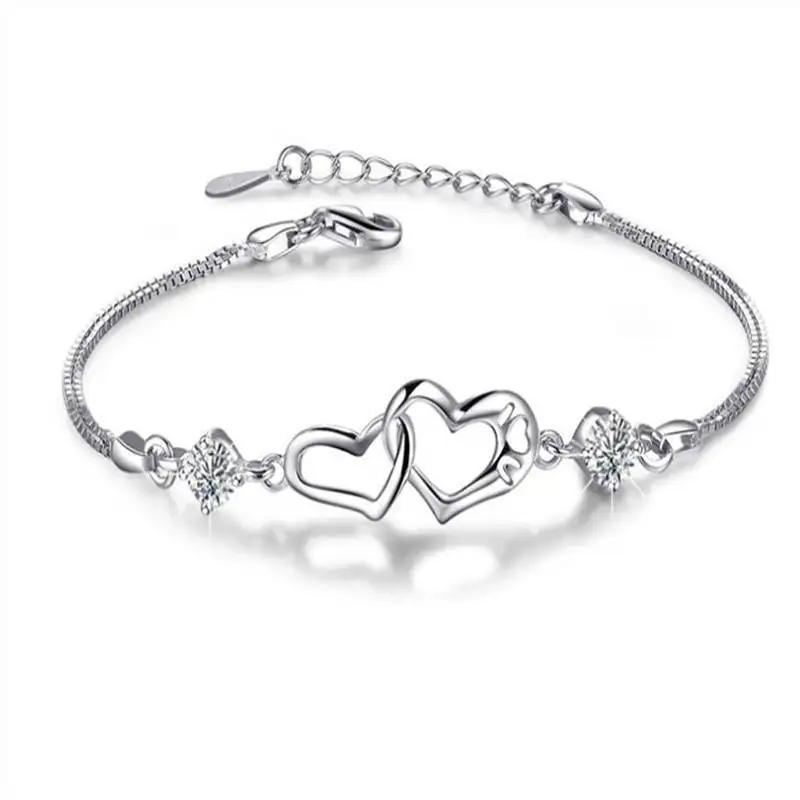 White gold plated S925 silver double heart amethyst heart-to-heart women's bracelet