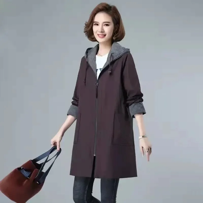 New Autumn Women's Jacket Lining Mid Long Overcoat Casual Loose Basic Coat Hooded Windbreaker Female Loose Jackets Outwear