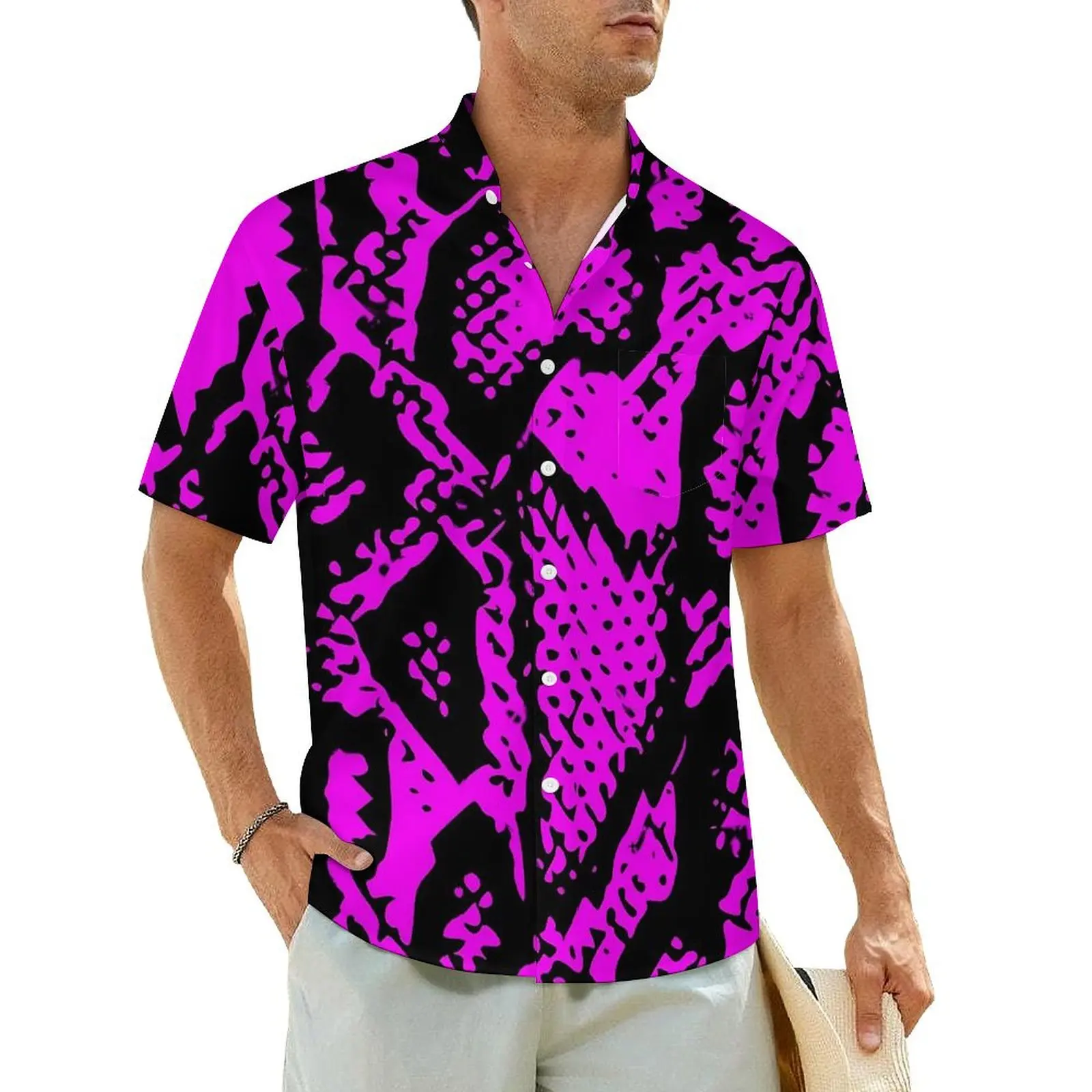 Snakeskin Design Casual Shirt Black and Purple Vintage Hawaiian Shirts Male Short-Sleeve Vacation Fashion Oversize Blouses