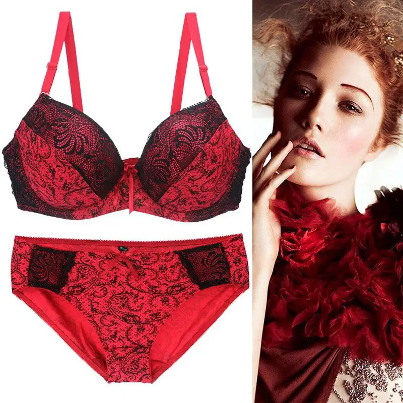 Conjunto de sujetador de encaje de talla grande para mujer, ropa interior de verano, tela de algodón, sujetador push-up sin aros y bragas, conjunto de lencería íntima