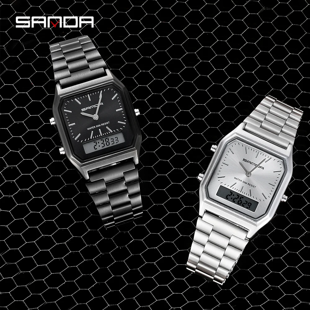 SANDA Luxury Silver Stainless Steel Men\'s Watches Women Fashion LED Digital Clock Waterproof Sports Watch relogio masculino