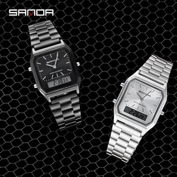 SANDA Luxury Silver Stainless Steel Men's Watches Women Fashion LED Digital Clock Waterproof Sports Watch relogio masculino