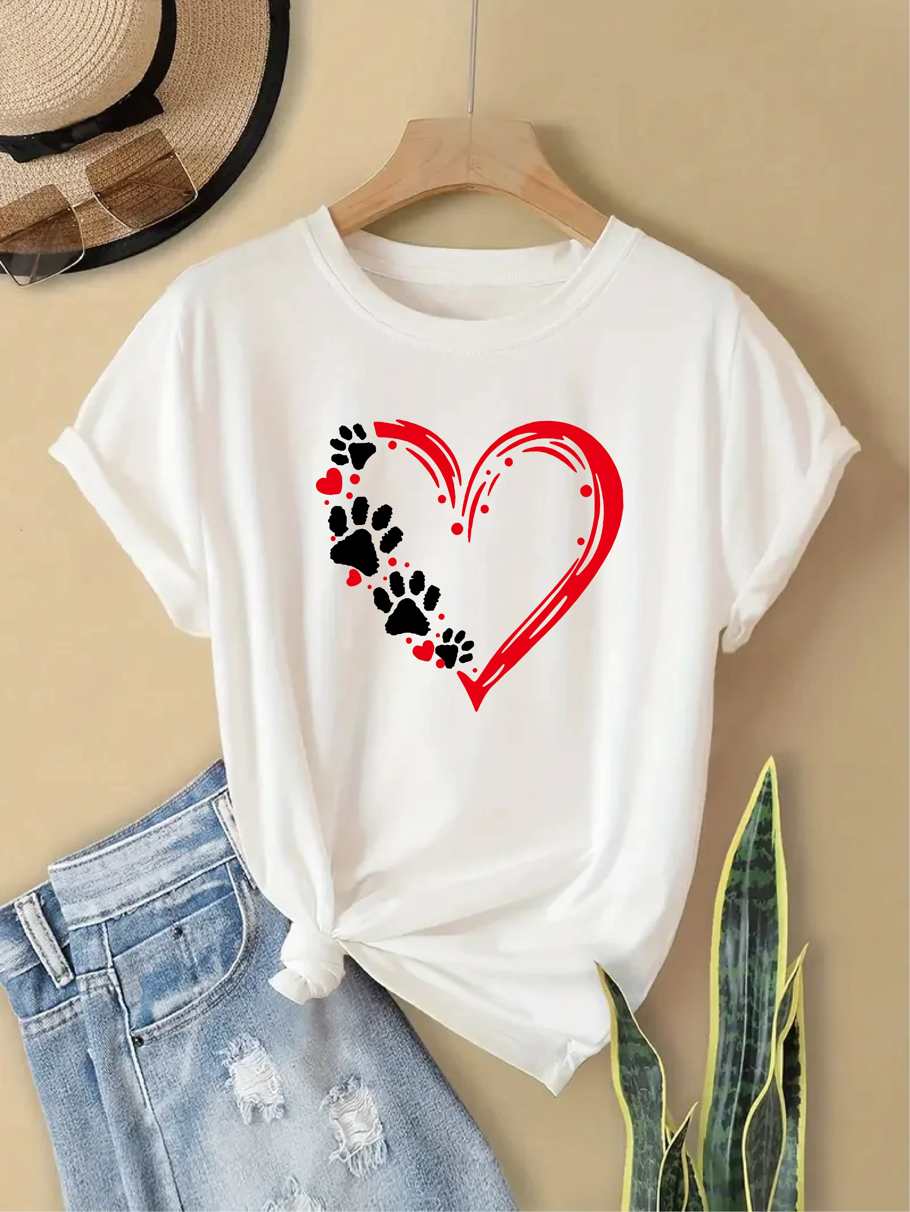 

Женская футболка с круглым вырезом Love Bear Paw, модная летняя рубашка с короткими рукавами и принтом, футболка, женская одежда, топ