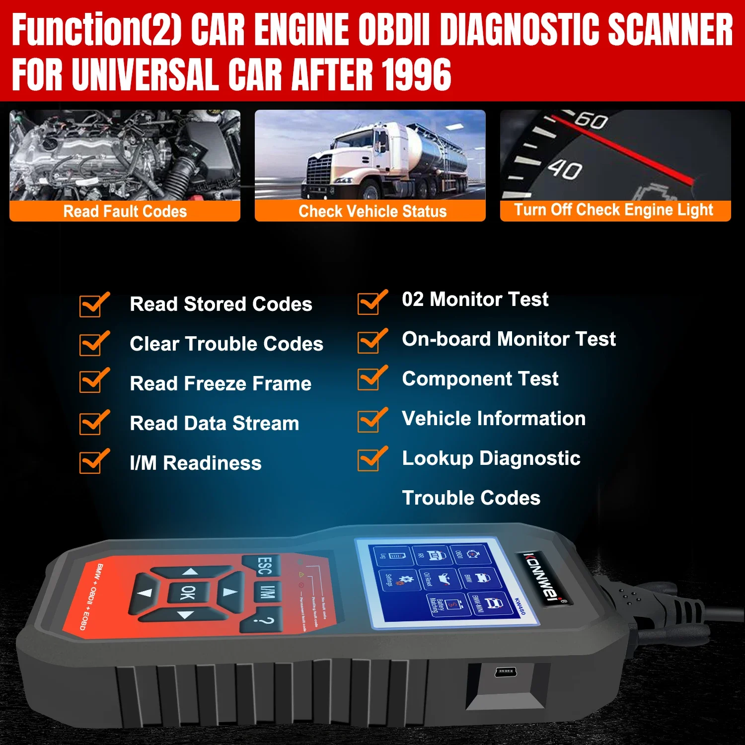 26 Durable KOWWEI KW480 Full Systems OBD2 Diagnostic Scanner OIL TPMS Reset O2 Adapter Auto Code Reader Tools view 3