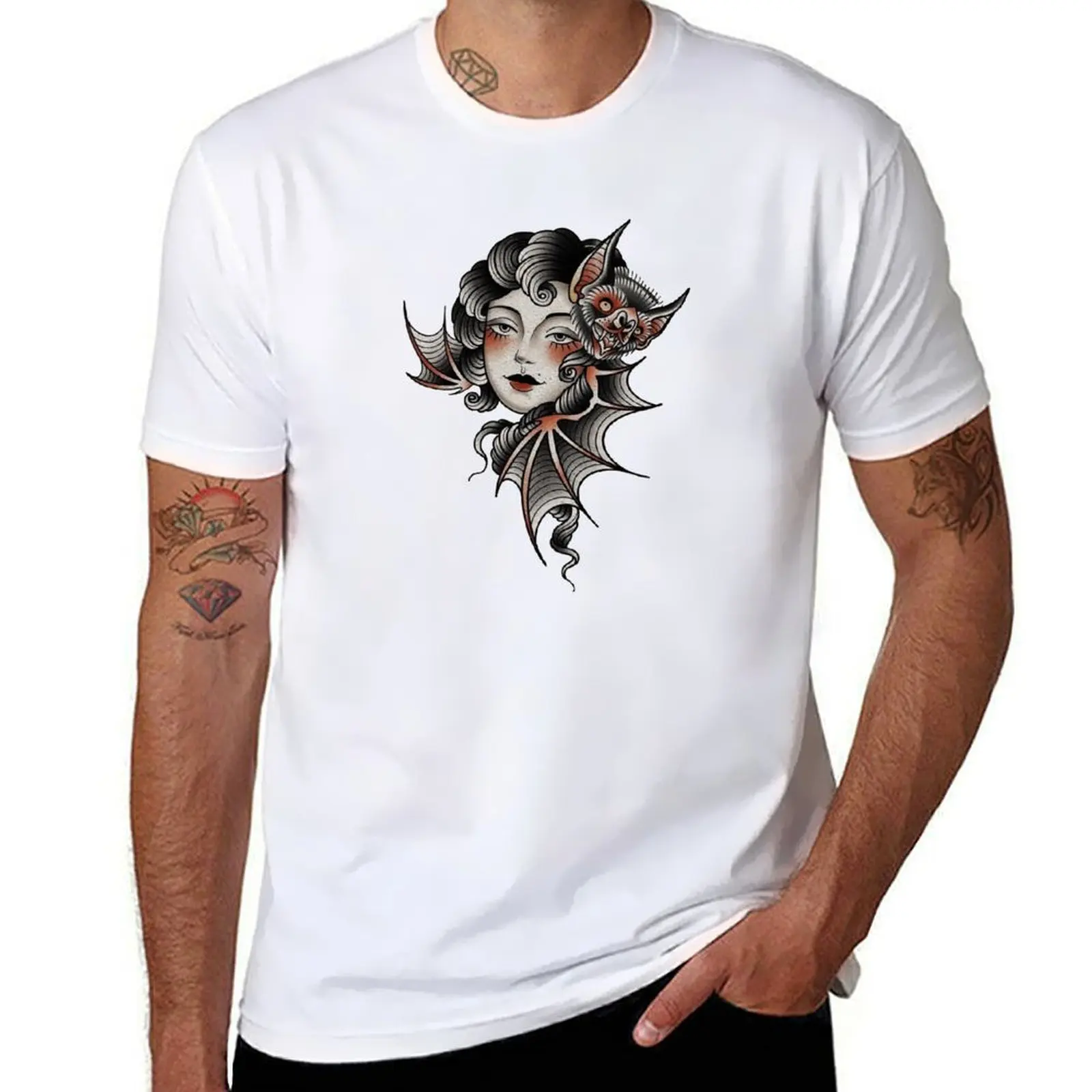 

Traditional Beautiful Vampire and Scary Bat Tattoo T-Shirt t shirts for man graphic funny man tshirt t shirt man casual T-Shirt
