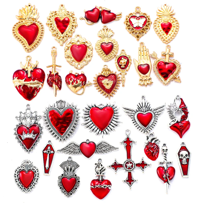 5Pcs Antique Silver Color Gothic Catholic Heart Charms