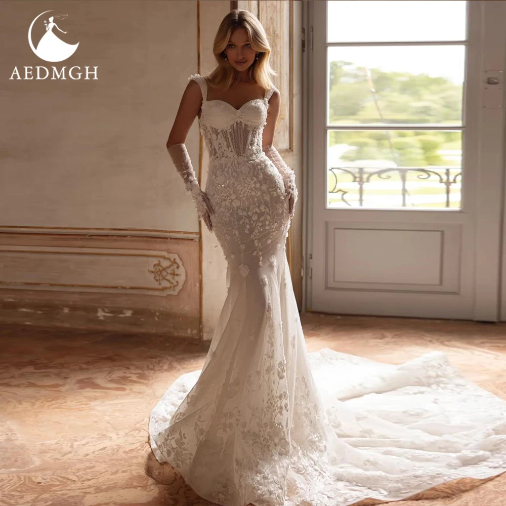 

Aedmgh A-Line Classic Wedding Dresses For Women Scalloped Court Train Vestido De Novia Lace Flowers Custom Made Bridal Gowns