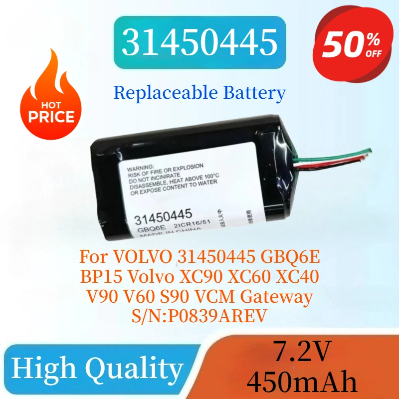 

New 31450445 Battery 450mAh 7.2V 3.24Wh For VOLVO 31450445 GBQ6E BP15 Volvo XC90 XC60 XC40 V90 V60 S90 VCM Gateway S/N:P0839AREV