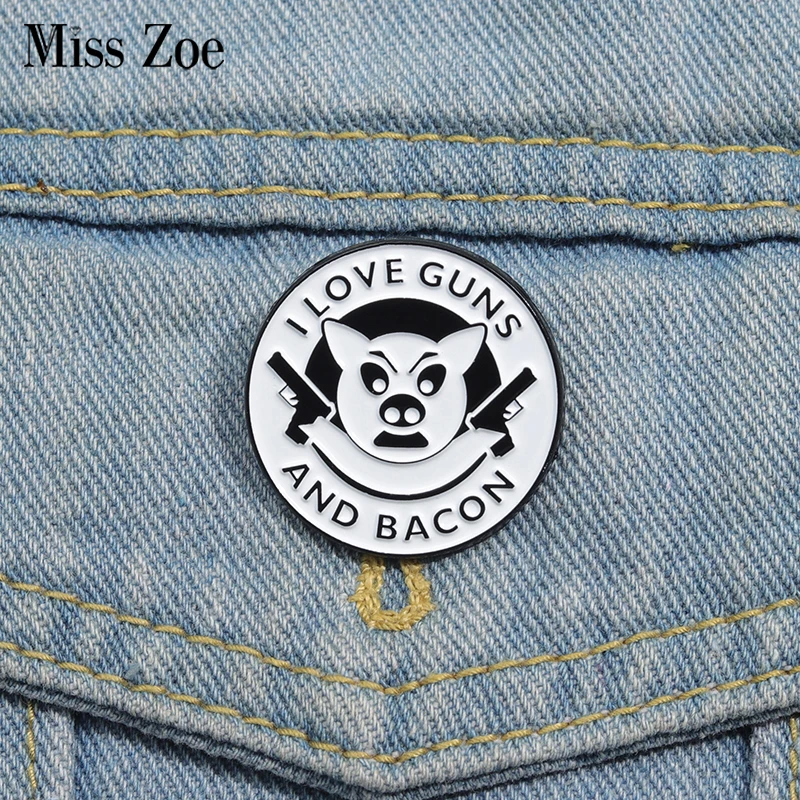 I Love Guns And Bacon Enamel Pins Custom Killer Pig Brooches Lapel Badges Cartoon Animal Jewelry Gift for Kids Friends