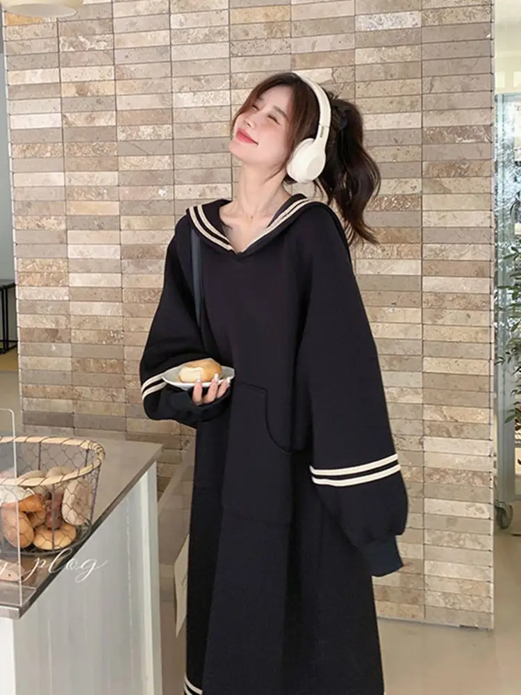 Korejpaa Preppy Style Navy Collar Dresses Women 2024 Autumn Clothes Korean Fashion Slimming Casual Striped Long Sleeve Vestidos