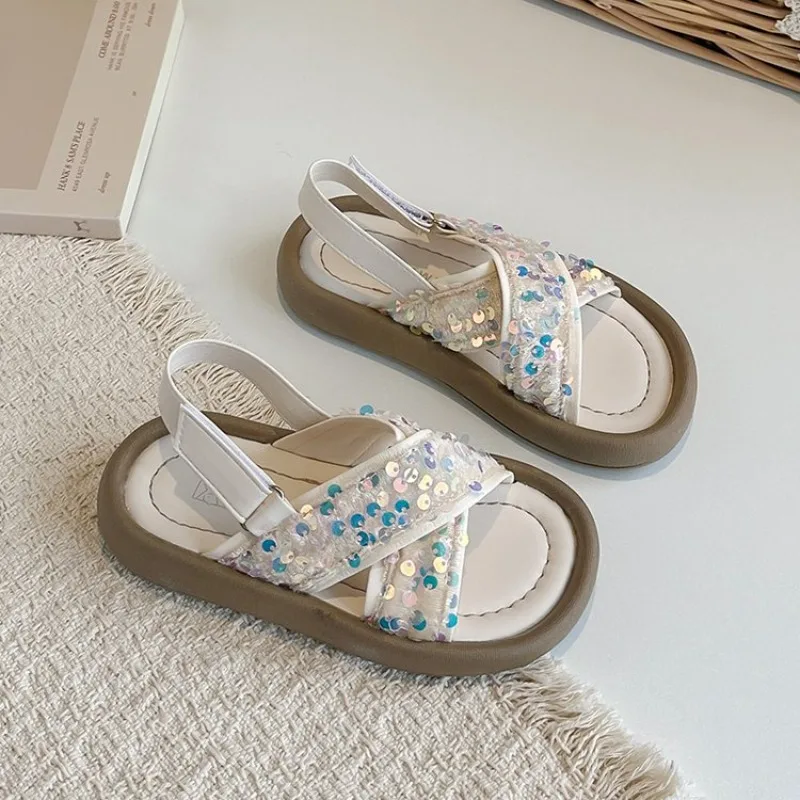 

Children Casual Sandals Girls Princess Sandals Ruffles Cross Strape Ethnic Style Soft Bottom Summer Kids Roman Beach Shoes