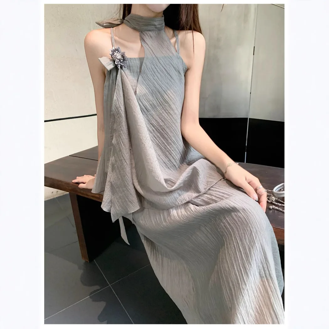 

2026 New Summer Women's Chinese Style Halter Slip Maxi Dress Elegant Loose Casual Long Dress For Daily Outfits