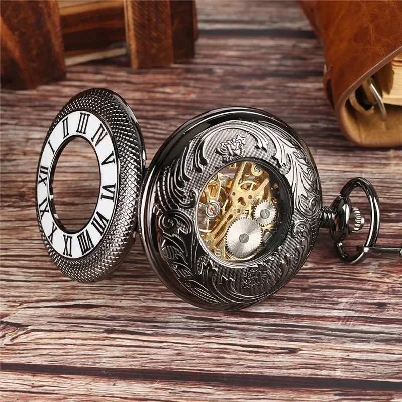 Classic Men Women Mechanical Hand-winding Pocket Watch Roman Number Display Half Hunter Clock Pendant Chain Gift reloj