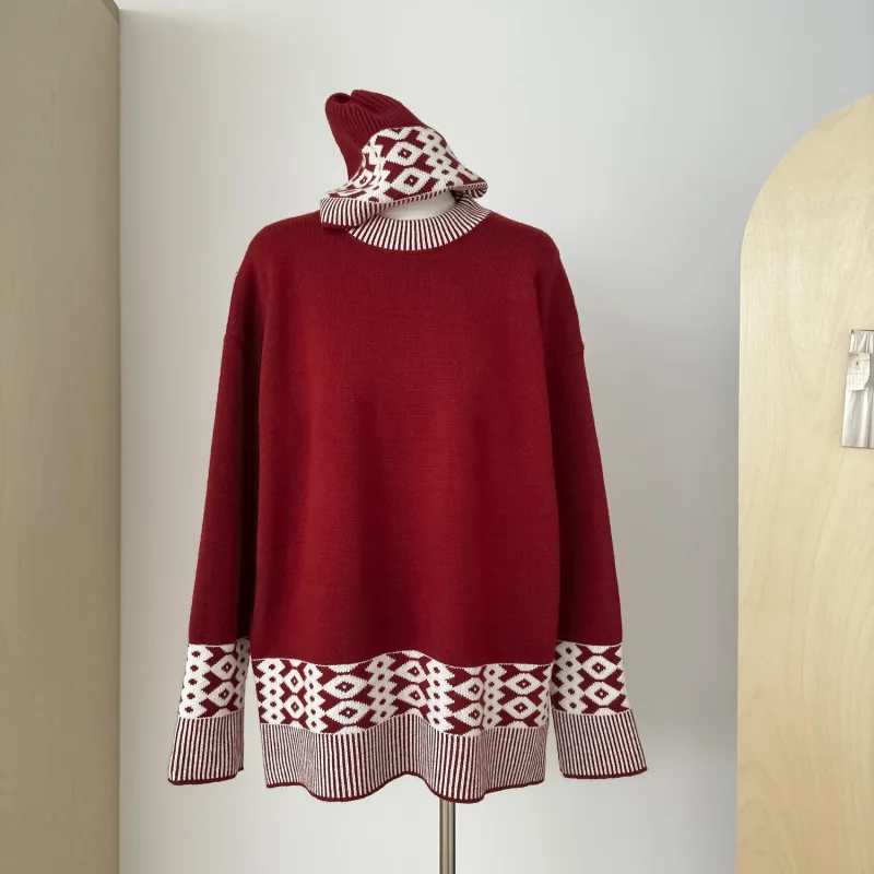 Jacquard Pullover Contrasting Color Sweater for Women's Autumn and Winter New Style Lazy Design Knitted Sweater