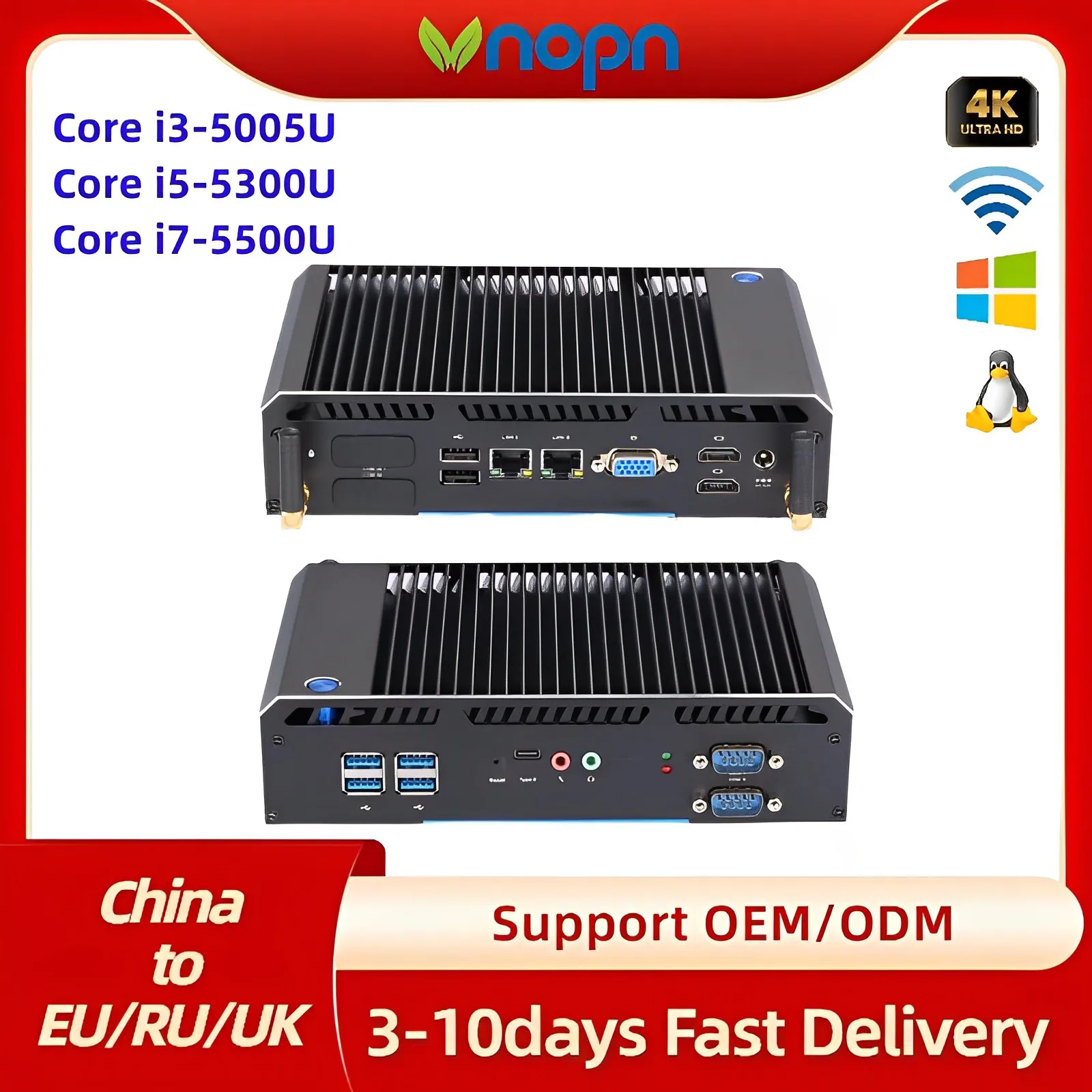 VNOPN Fanless Mini PC Core i3/i5/i7 5th Gen 4x RS232 2x LAN Windows 10 Linux Embedded IoT AI PC Industrial Computer