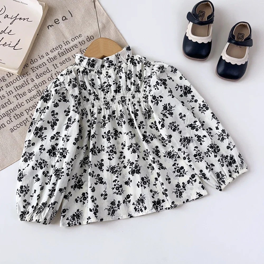 Girl Clothes 2-6 Year Old Autumn New Daily Wear Children's Fashion Black Flower Ear Edge Long Sleeve Basic Shirts Tops