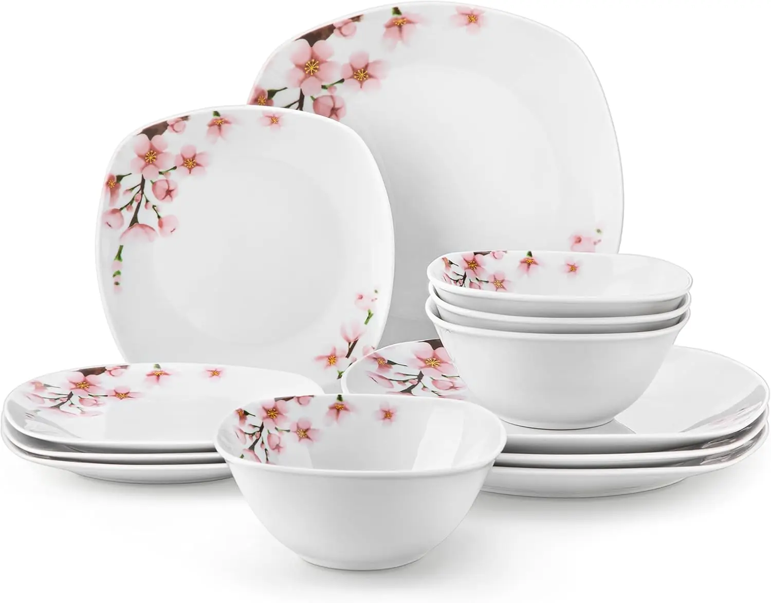 VEWEET Plates and Bowls Sets for 4, Porcelain Dinnerware Sets with Pink Floral, 12 PCS Dish Set Including Dinner Plates, Dessert