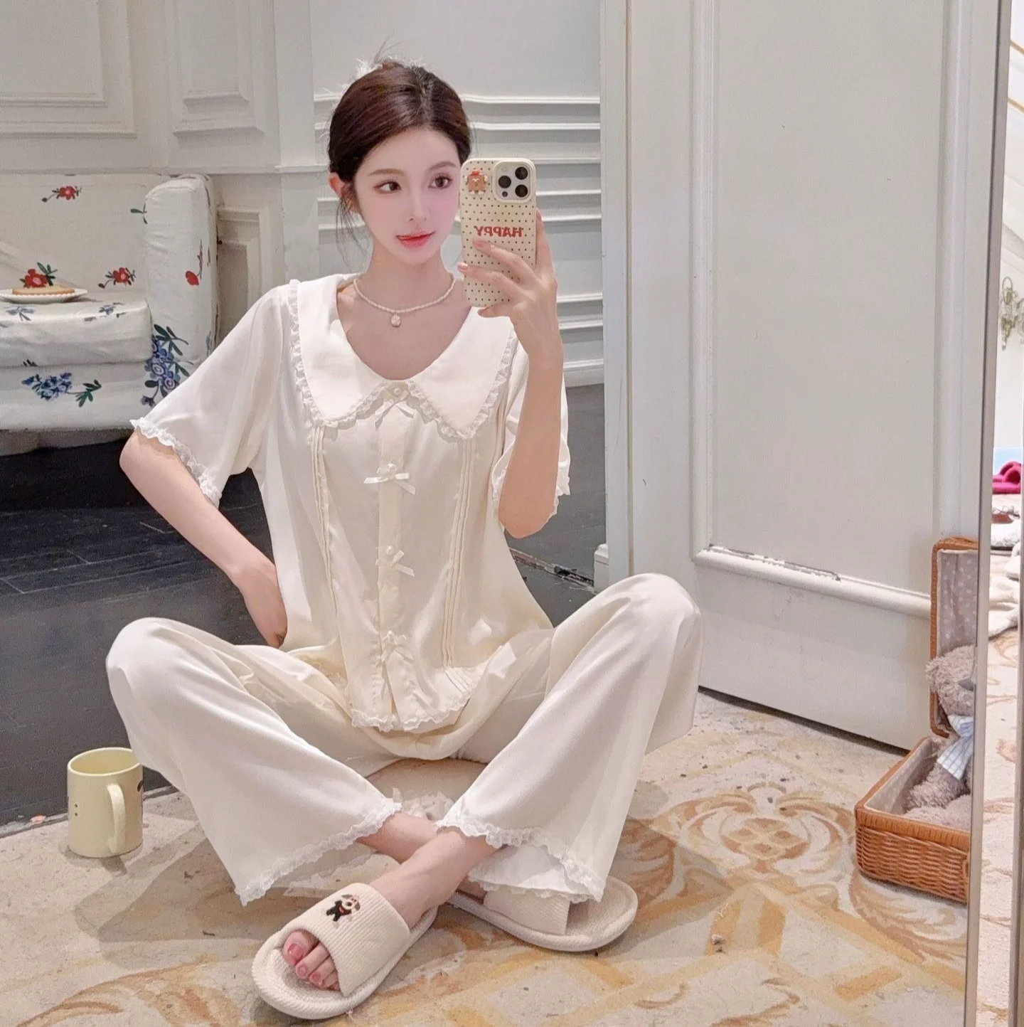 3pcs Korean style sweet and skin friendly comfortable pajamas summer ice silk short sleeved pants set beautiful girls' homewear