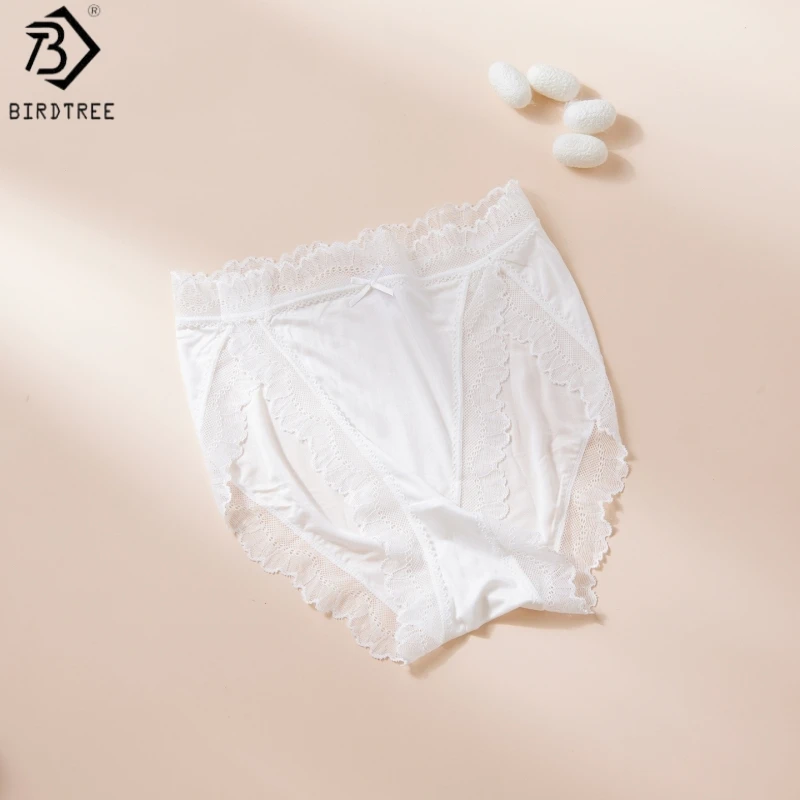 

Birdtree, 2PCS 100% Silk Knitted Sheer Briefs, Women Mid-waist Thin Underpants, Elastic Lace Breathable Brief, 2026 New A64407JF