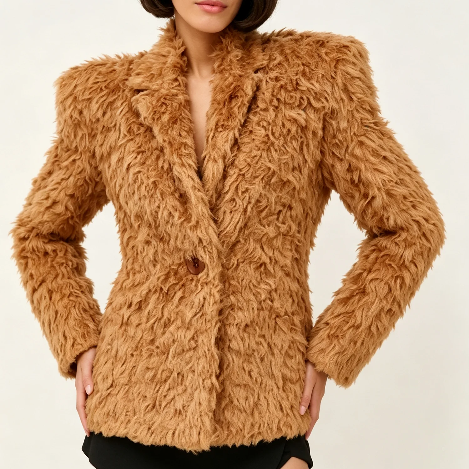 PUAL  Women Lapel Fuzzy Faux Fur Jacket Single Button Shoulder‑pad Warm Winter Plush Outerwear