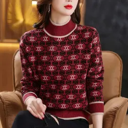 Korean Fashion Spring New Half High Neck Sweater Women's Jacquard Fashion Casual Patchwork Thickened Warm Knit Long Sleeved Top