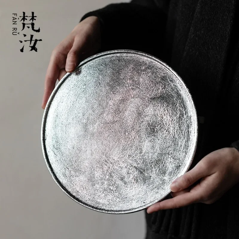 Plant lacquer solid wood tire silver foil dry bubble tray high-end household round tea tray pot bearing small tea table tea tray