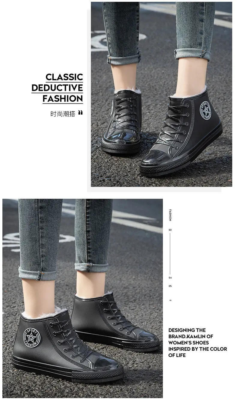 Stilvolle warme Damen-Regenschuhe mit Fell, wasserdichte Winterstiefel, Damen-Galoschen, modische Garten-Regenschuhe, Plüsch-Regenstiefel der Marke – Detail 11