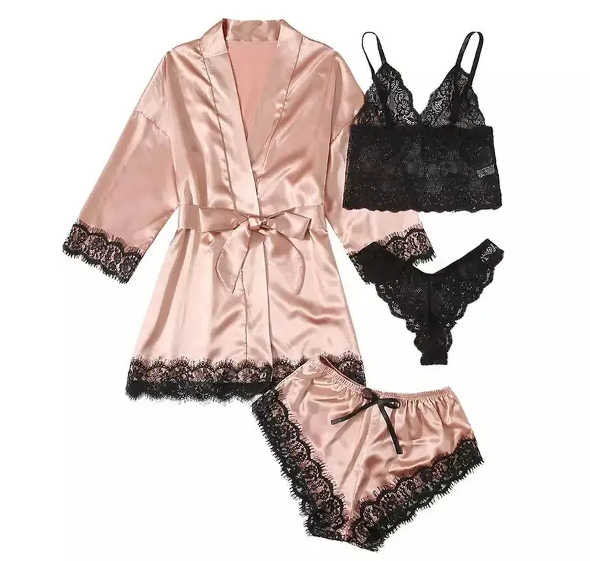 

Women's Sexy Satin Lace Lingerie Set – Soft Pink Nightwear with Robe, Bralette, Shorts & Panty for Sweet Girly