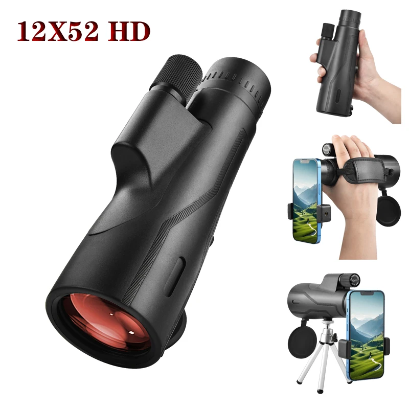 Wide Angl 12x52 Powerful ED Monocular Telescope Premium Extra-Low Dispersion Fogproof Long Range BAK4 Monocle for Hunting Hiking
