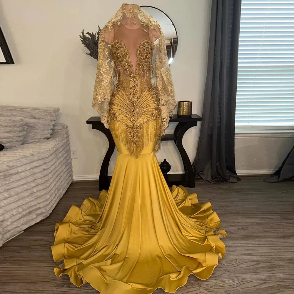 

Charming Gold Prom Dresses Mermaid 2025 Beading Diamonds Crystal Gown Birthday Party Dress For Black Girls Customized