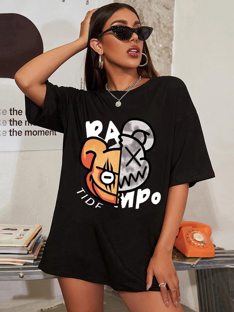 Rogue Badass Bear Funny Print T-Shirts Female Oversized Cotton Brand Tshirt O-Neck Casual Breathable Short Sleeve New Streetwear