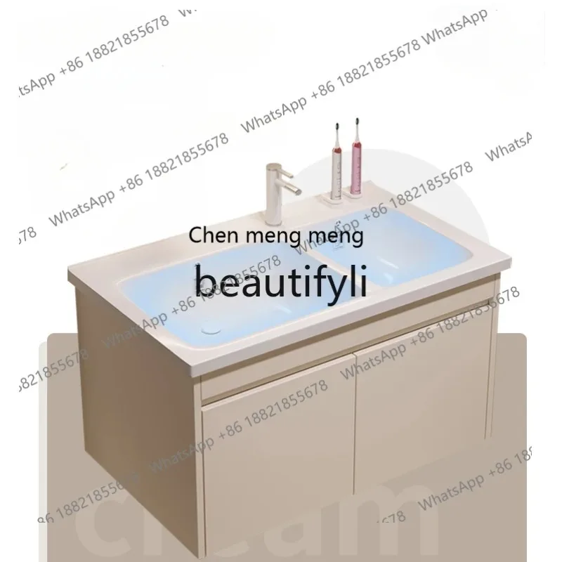 03 Cream wind bathroom cabinet combination ceramic double basin toilet household simple washing separation mirror cabinet