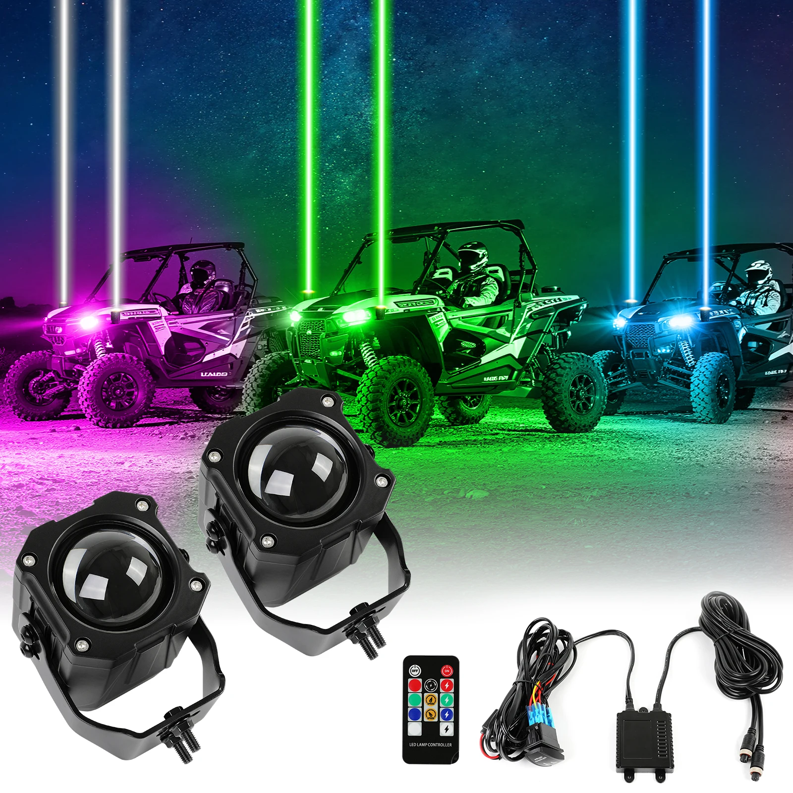 2pcs Whipless LED Whip Lights PC Lens Spot Beam Pod RGBW UTV Whip Light for Side by Side with Switch Remote Light Whip