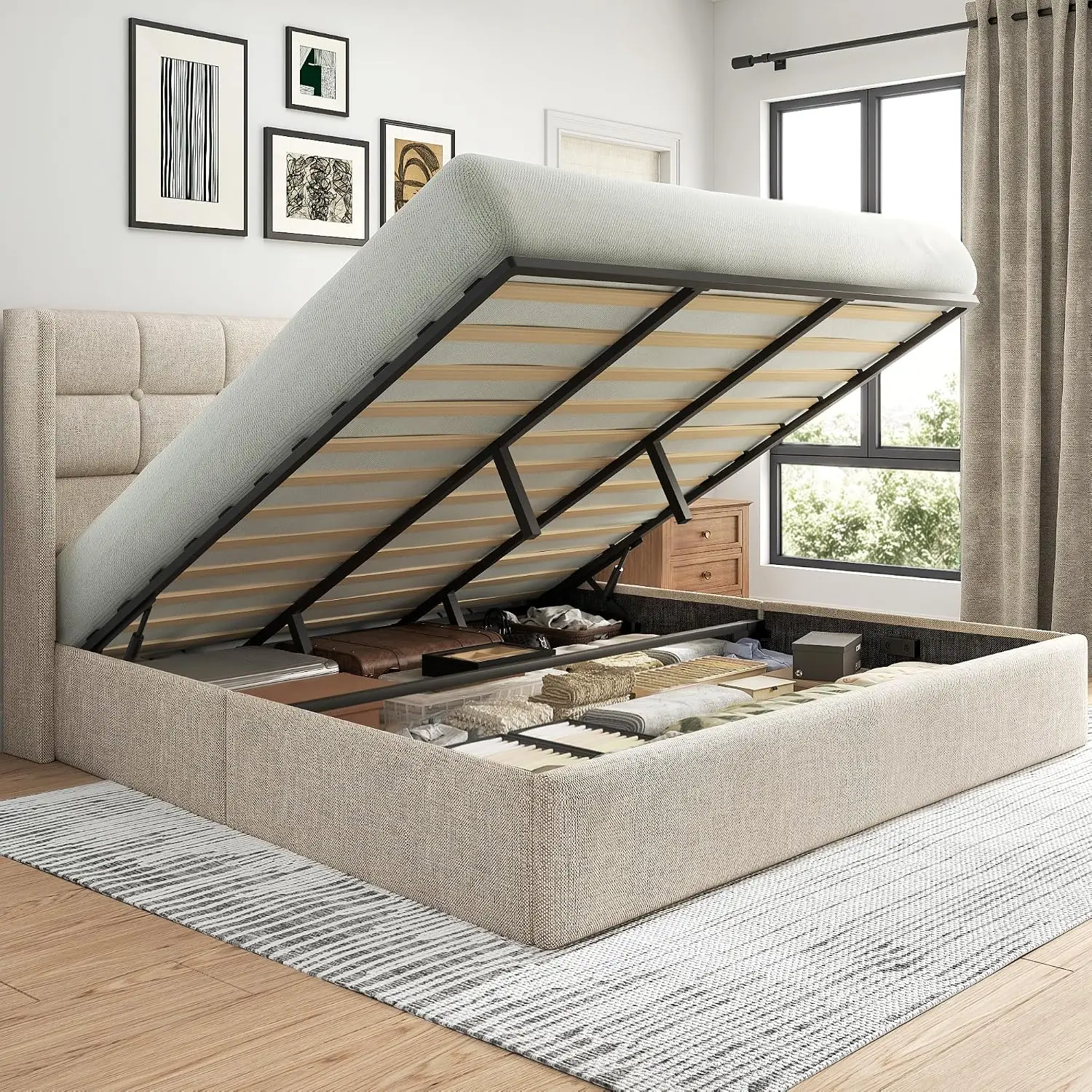 King Size Lift Up Storage Bed Frame, Linen Upholstered King Platform With Button Tufted Wingback Headboard And, Customized
