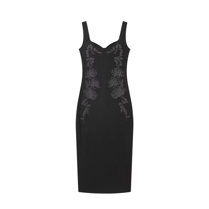 Elegant Black Sleeveless Midi Dress with Floral Rhinestone Embroidery for Evening Party